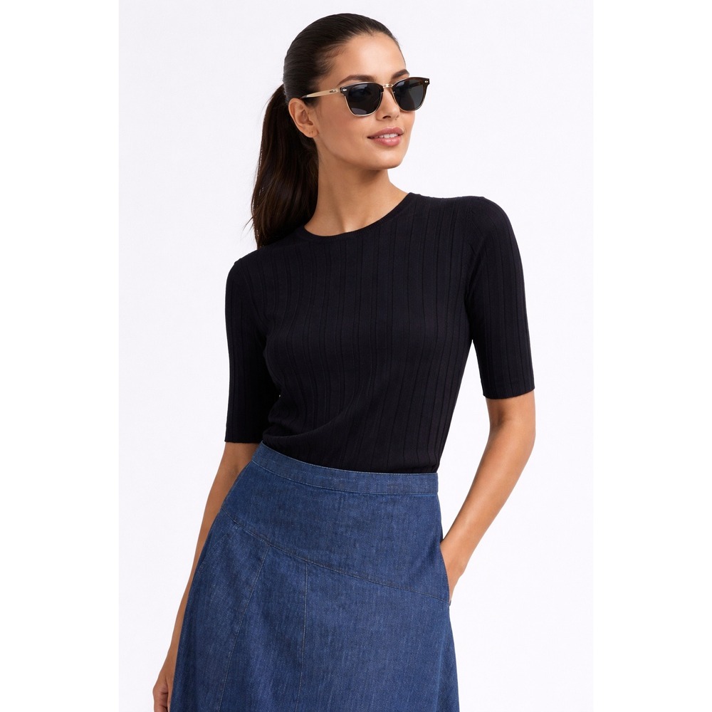 Allude Round Neck Sweater Black Blue 100% Virgin Wool Ribbed Knit Top XS